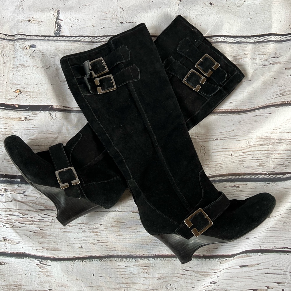 Naughty Monkey Tall black suede wedge boot with buckles Size 7.5